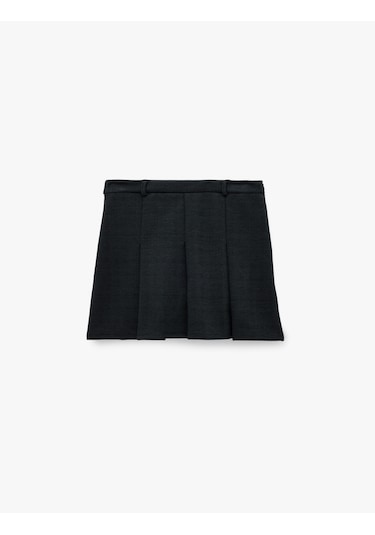 Koton Slim Fit Viskon Karışımlı Kalın Pileli Mini Etek Siyah 6wal70031ık Siyah