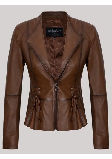 Hakiki Deri Kahverengi Bel Detay İşlemeli Fermuarlı Kadın Deri Ceket Kahverengi