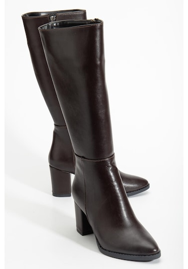 Kadın Topuklu Çizme Kahve Suni Deri Sivri Burun-4208 Kahve