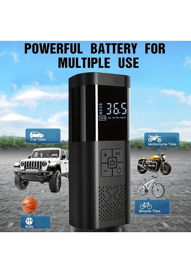 Primepickings Taşınabilir Lastik Şişirme 150psı Kablosuz Hava Kompresörü Usb Şarjlı Araç Bisiklet Motor Ve Spor Topları İçin Black