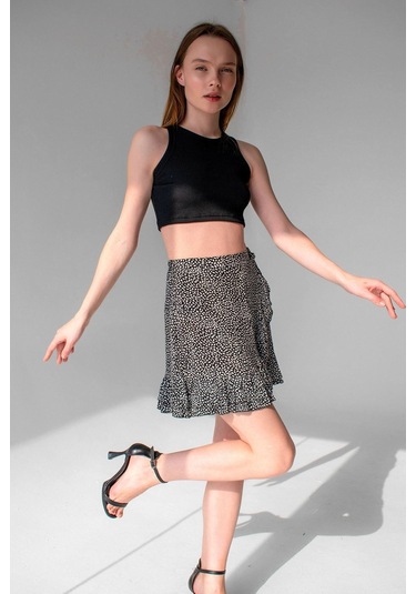 Koyu Kahve Fitilli Süper Crop Halter Yaka Örme Atlet Siyah