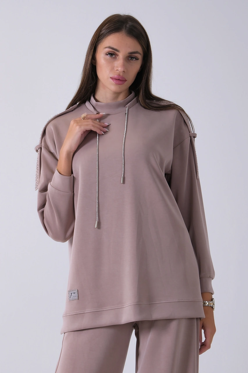 Feminist Vizon Omuz Apolet Detaylı Yakası İpli Tunik Pantolonlu Takım 4577281.34 Vizon