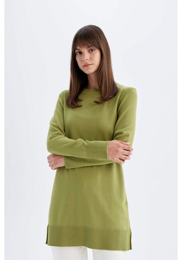 DeFacto Regular Fit Bisiklet Yaka Yırtmaçlı Basic Düz Triko Kazak Tunik H3431AZ24AUKH353 Haki