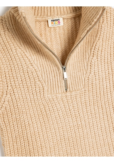 Koton Triko Süveter Kolsuz Yarım Fermuarlı Yaka Bej 5wkg90006at Ekru