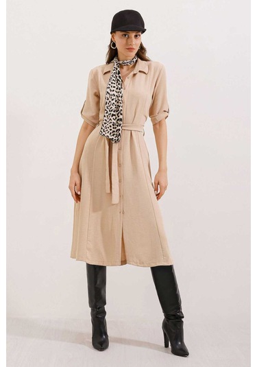 Gabria Ön Düğmeli Elbise Bej