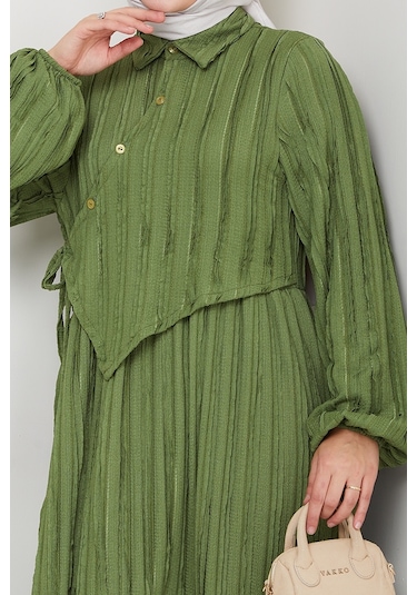 Çapraz Bağlamalı Bürümcük Elbise 1617 - Haki Haki