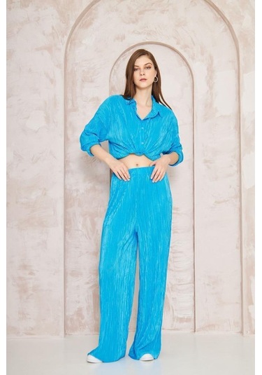Kadın Pliseli Beli Lastikli Pantolon Tunik Gömlek Ikili Bürümcük Salaş Takım 3573300 Mavi