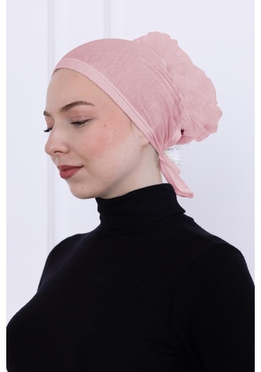 Fırfırlı Önden Dikişli Penye Bone - Kadın Tesettür Bağlamalı Topuz İç Bone-pembe Pembe