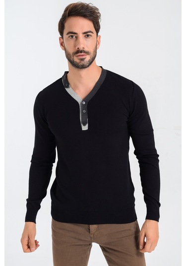 Heyss Düğmeli Detaylı Siyah Erkek Triko Kazak Siyah