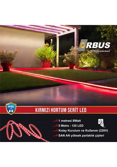 Orbus Kırmızı Hortum Şerit Led 8w - 5 Metre