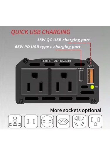 Besthome1 300w Araç İnvertörü - 12v Dc'den 110v Ac, Pd65w Qc3.0 Usb, Siyah, Eu Fiş