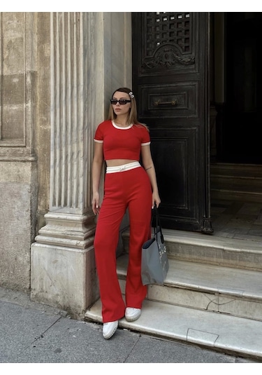 By Mop Crop Pantolon Biyeli Takım Kırmızı Kırmızı