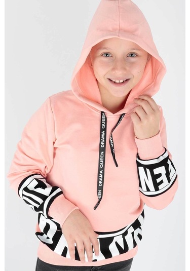 Ahengim Kız Çocuk Drama Baskılı Kapüşonlu Sweatshirt Ak13433 Somon