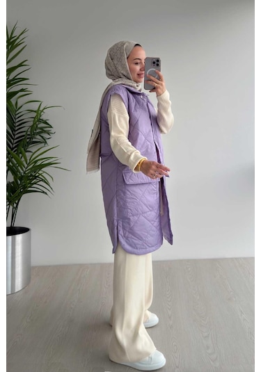 Ka Hijab Cep Detay Kapitone Yelek - Lila Lila