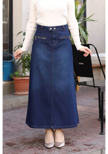 Beli Çıt Çıtlı Fermuar Cep Detaylı Kot Etek - 001