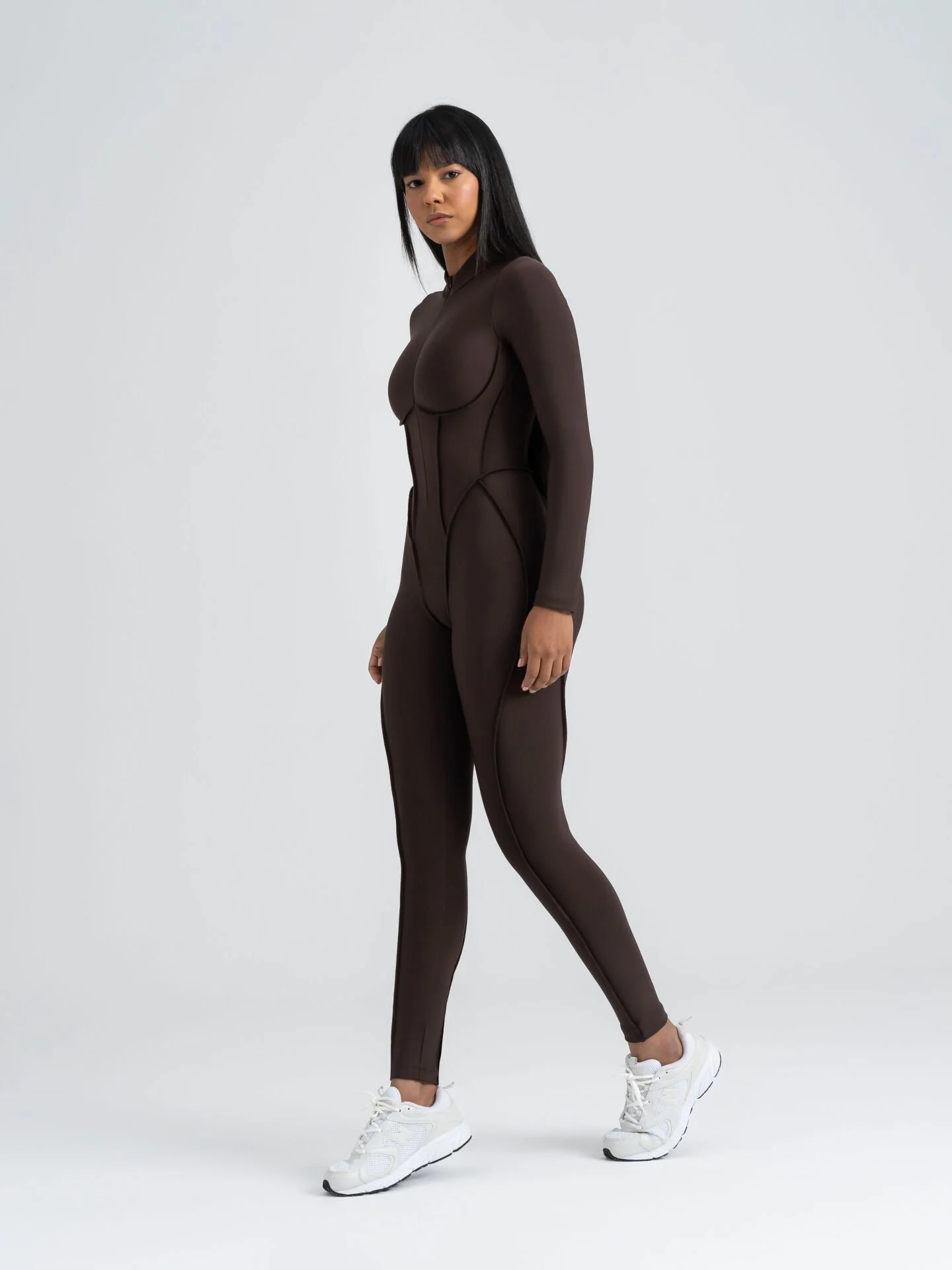 Dikişle Modellenmiş Spor Tayt Tulum Kahverengi