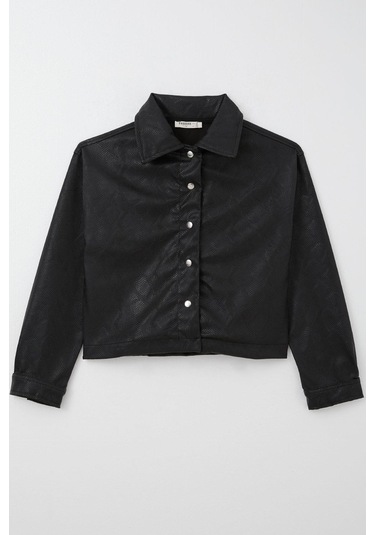 Breeze Kız Çocuk Deri Ceket Çıtçıtlı Desenli 9-14 Yaş, Siyah Siyah