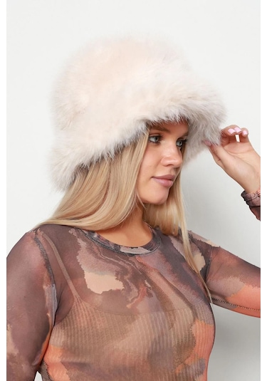 Kadın Kürklü Bucket Kalpak Şapka Rkş-15 Bej Bej
