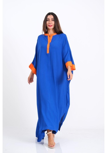 Kadın Saks Mavi Sırtı Palmiye Nakışlı Yarasa Kol Oversize Uzun Elbise - Saks Mavi Saks Mavisi