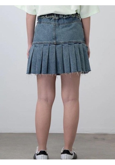 Kız Çocuk Askılı Pileli Tasarım Denim Etek-15535 Mavi