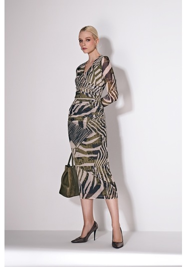 Explosion Kadın Desenli Tül Kolye Aksesuarlı Midi Boy Elbise 57890 Haki Haki