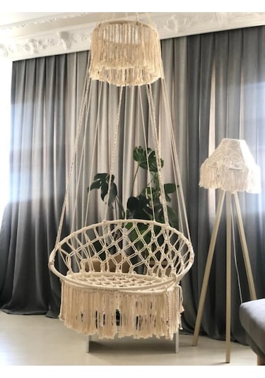 Yılbaşı Makrome Özel Örgü Halatlı Salıncak Hamak Pamuk Ip Ekru