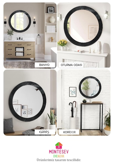 Zümrüt Ahşap Siyah Dekoratif İşlemeli Banyo Duvar Aynası Üçlü Set Siyah