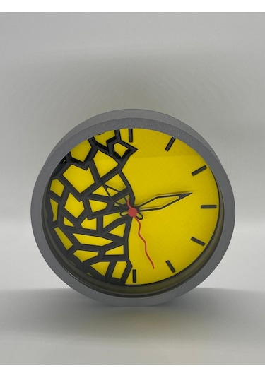 Modern Sanat Dokunuşuyla Parçalanan Zaman Duvar Saati Sarı Zemin Ve Açık Gri Kasa Siyah