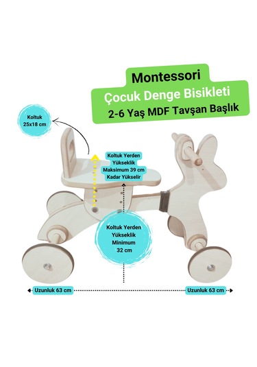 Montessori Çocuk Denge Bisikleti 2-6 Yaş / Mdf Tavşan