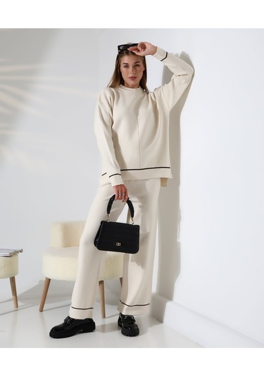 Kontrast Dikişli Kadın Triko Takım Taş