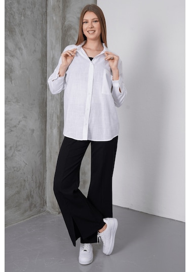 Paw Garage Kadın London Keten Tek Cepli Oversize Gömlek, Premium Kalite Keten Gömlek Beyaz