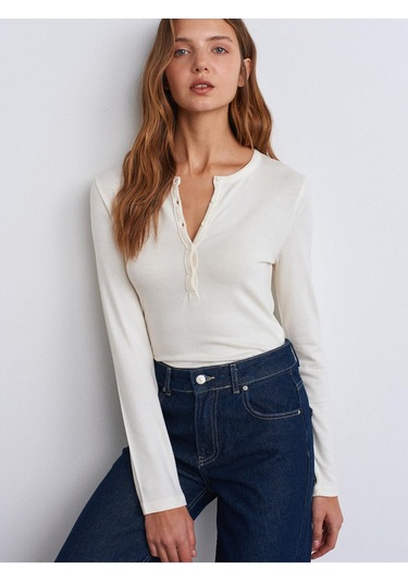 31544 Düğmeli Uzun Kollu Top-ekru-10693 Ekru