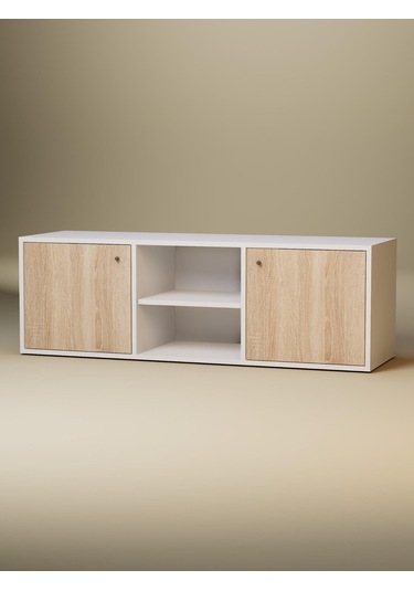 Detamob Beyaz Tv Ünitesi, 2 Kapaklı Raflı Tv Sehpası - 138cm Mdf Meşe