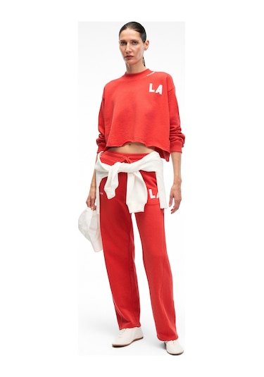 DELYRA Kadın Bisiklet Yaka Rahat Kesim Nakış Detaylı Kırmızı Sweatshirt