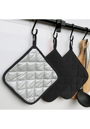 7 Parça Siyah Pamuklu Tencere Altlığı Mutfak Fırın Eldiveni, Yıkanabilir Siyah