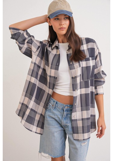 4752 Kadın Oversize Ekose Gömlek Antrasit Antrasit