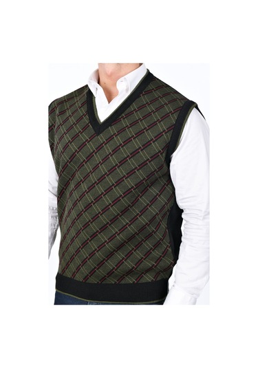 Kamalı Siyah Erkek Çelik Örgü Ekose Desenli Kalın Triko V Yaka Triko Örgü Tüylenmez Süveter Regular Siyah