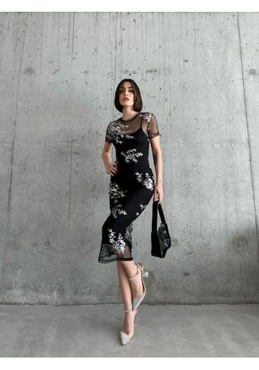 Kadın Baskılı Şifon Kimono Elbise - Siyah Siyah