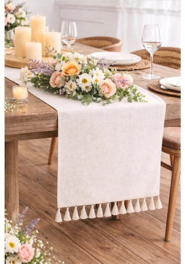 Keten Püsküllü Bohem Runner &dekoratif Örtü 40x80 Cm Bej