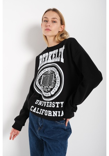 Modagen Kadın Siyah Berkeley Baskılı Bisiklet Yaka Oversize Sweatshirt Siyah