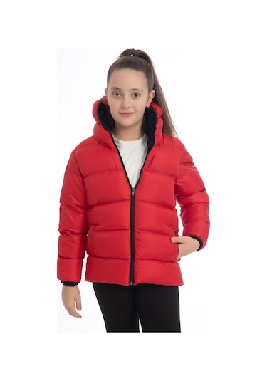 Kız Çocuk Polarlı Kürklü Kapüşonlu Su Geçirmez Rüzgara Dayanıklı Cepli Şişme Kışlık Mont Kırmızı