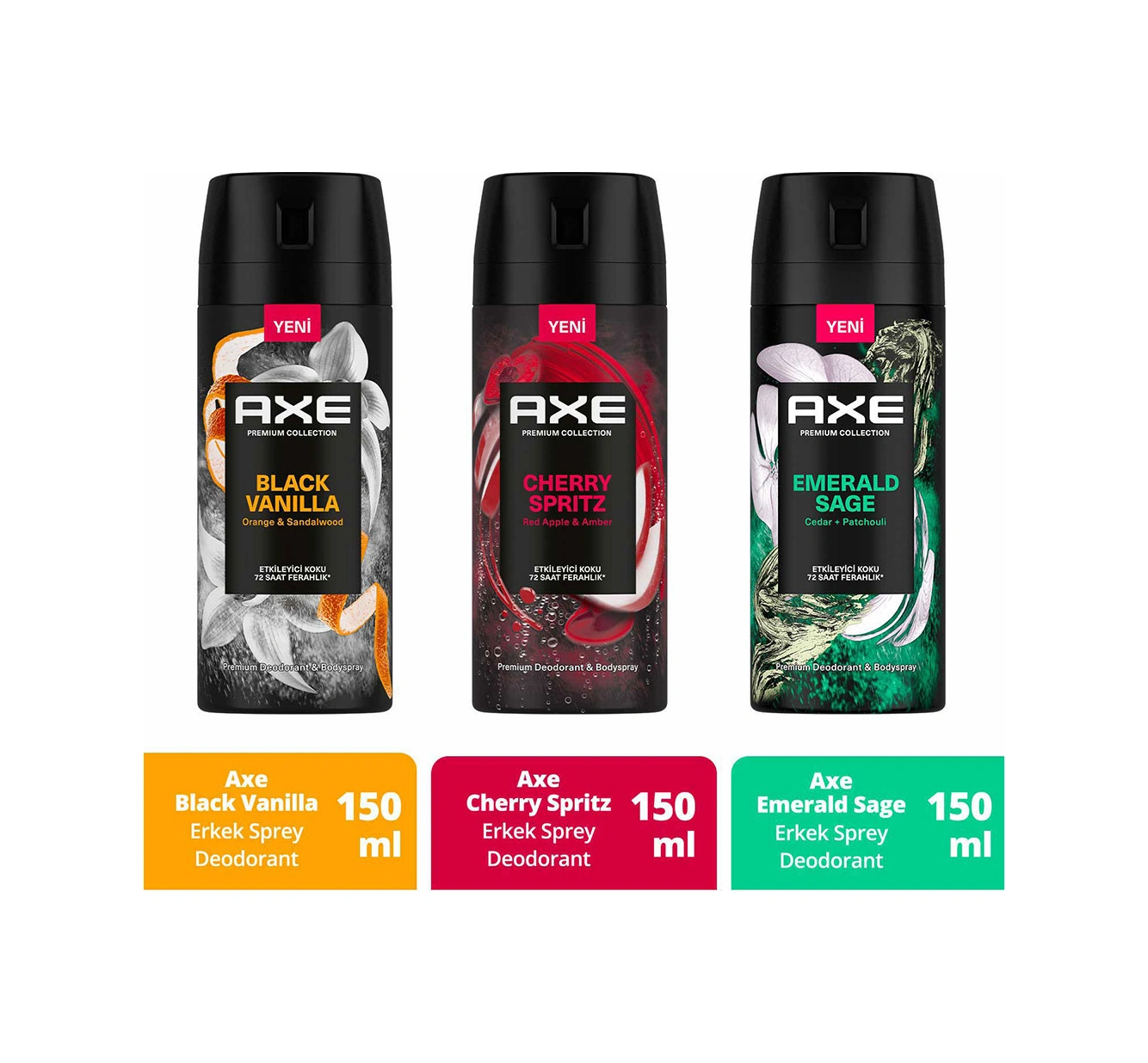 Axe Erkek Sprey Deodorant Cherry Spritz 150 Ml + Black Vanilla 150 Ml + Emerald Sage 150 Ml