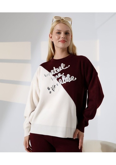 Renk Bloklu Triko Takım Bordo - Taş