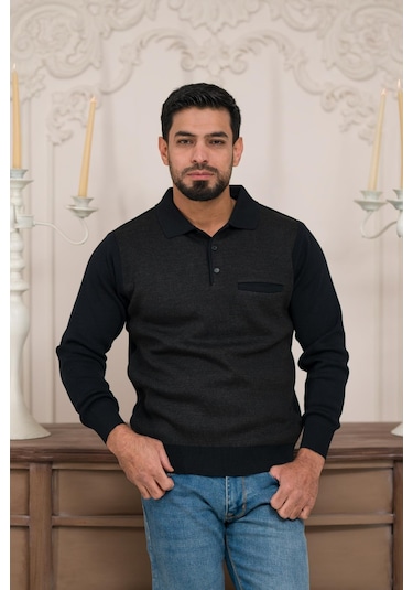 Woolen World Polo Yaka Cepli Armürlü Yünlü Erkek Triko Kazak Lacivert