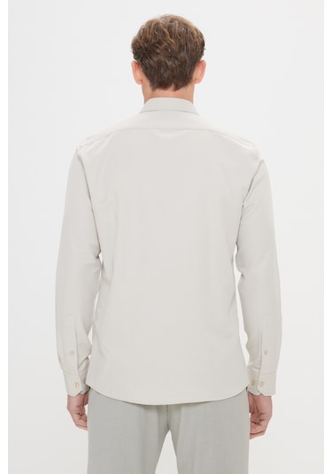 AC&Co / Altınyıldız Classics ERKEK BEJ Kolay Ütülenebilir Slim Fit Dar Kesim İtalyan Yaka Armürlü Gömlek Bej
