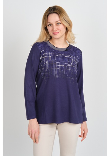 Detay Triko Kadın Taş Detaylı Desenli Yanları Yırtmaçlı Uzun Kol Anne Bluz 5741 Mor Mor
