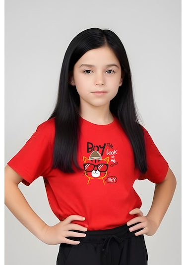 Fyk Kids Kız Çocuk Yuvarlak Yaka Baskılı Boy Cat Alt-üst Pijama Takımı Kırmızı