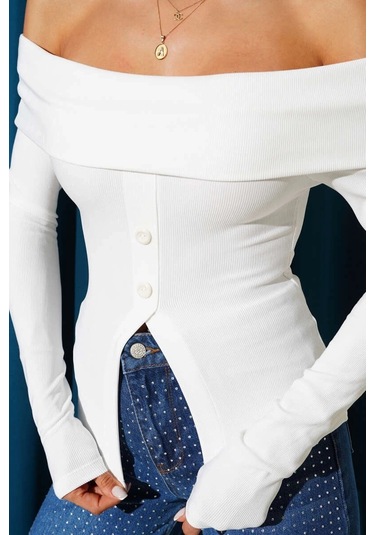 Biçomi Madonna Yaka Düğmeli Bluz Beyaz T4329 Beyaz