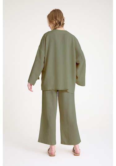 Keten Kadın Salaş Kimono İkili Haki Takım Haki