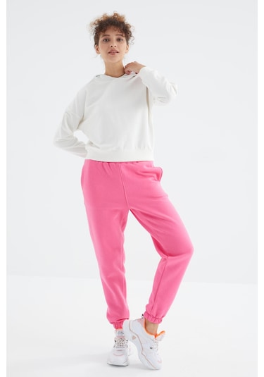 Tommy Life Şeker Pembe Yüksek Bel Şardonlu 3 İplik Pamuklu Basic Kadın Eşofman Altı - 94624 Şeker Pembe